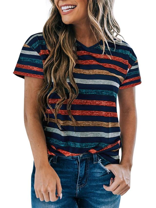 Summer V-Neck Loose Striped T-Shirts Top Short Sleeve - NENONA