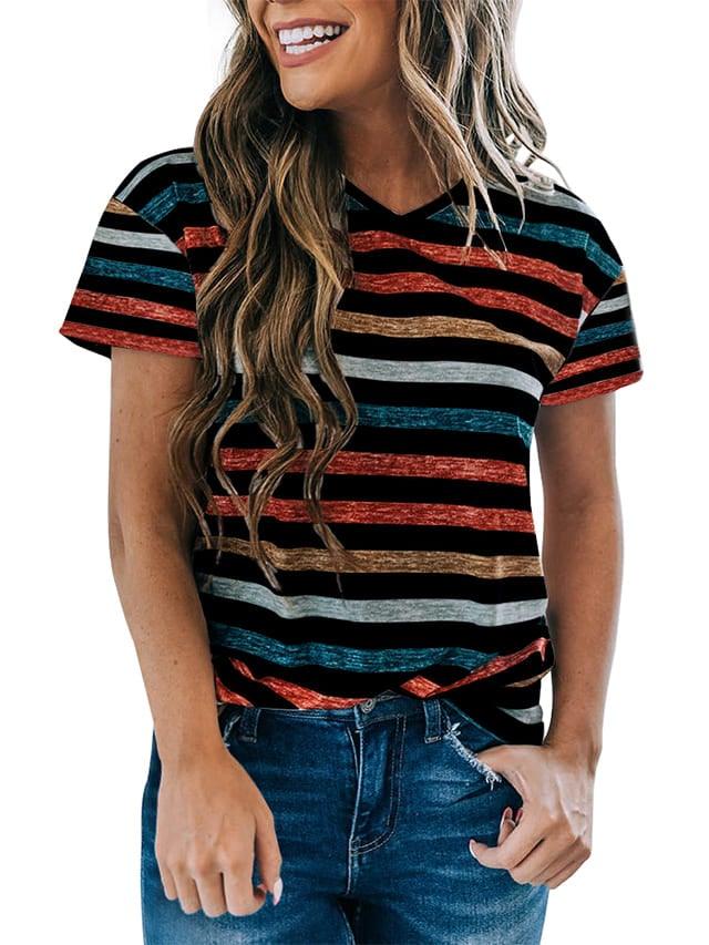 Summer V-Neck Loose Striped T-Shirts Top Short Sleeve - NENONA