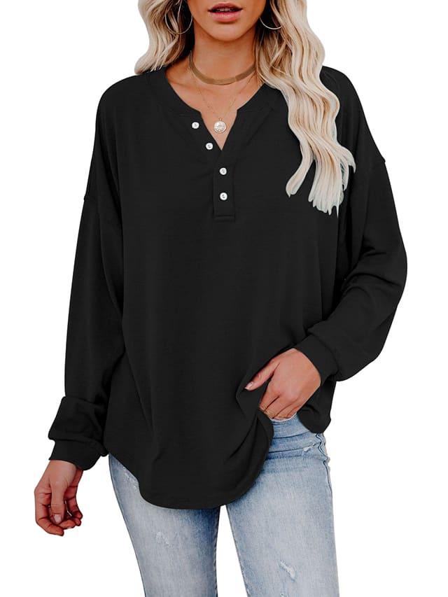 V-Neck  Button Up Tunic Henley Tops  Casual Loose-fit T-Shirts - NENONA
