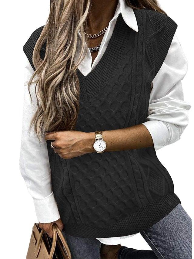 V-Neck Knit Sweaters Vest  Oversized Sleeveless Argyle Top - NENONA