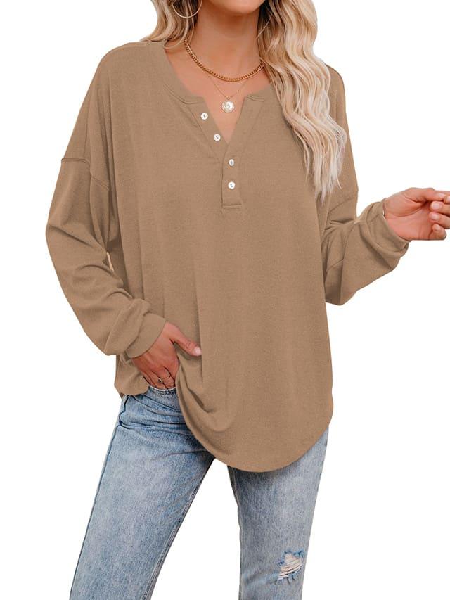 V-Neck  Button Up Tunic Henley Tops  Casual Loose-fit T-Shirts - NENONA