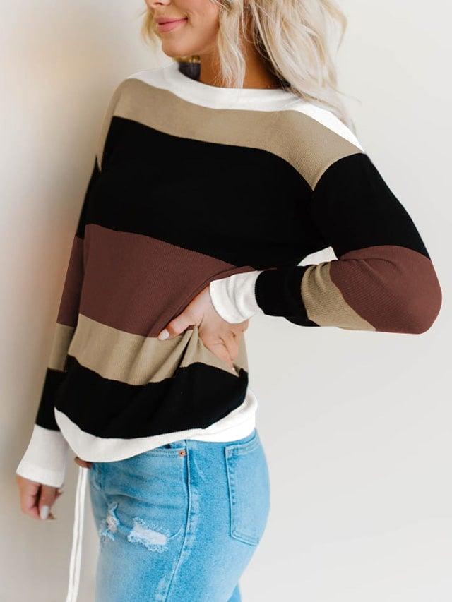 Crew Neck Fall Color Block  Pullover  Long Sleeve Sweaters - NENONA