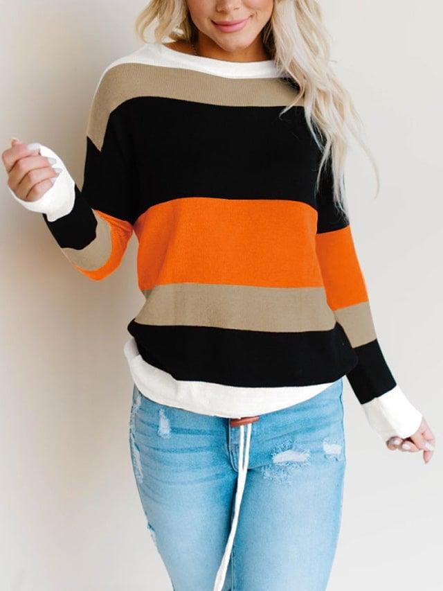 Crew Neck Fall Color Block  Pullover  Long Sleeve Sweaters - NENONA
