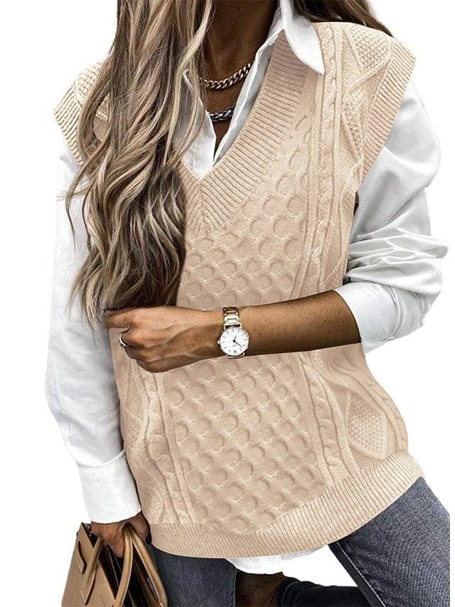 V-Neck Knit Sweaters Vest  Oversized Sleeveless Argyle Top - NENONA